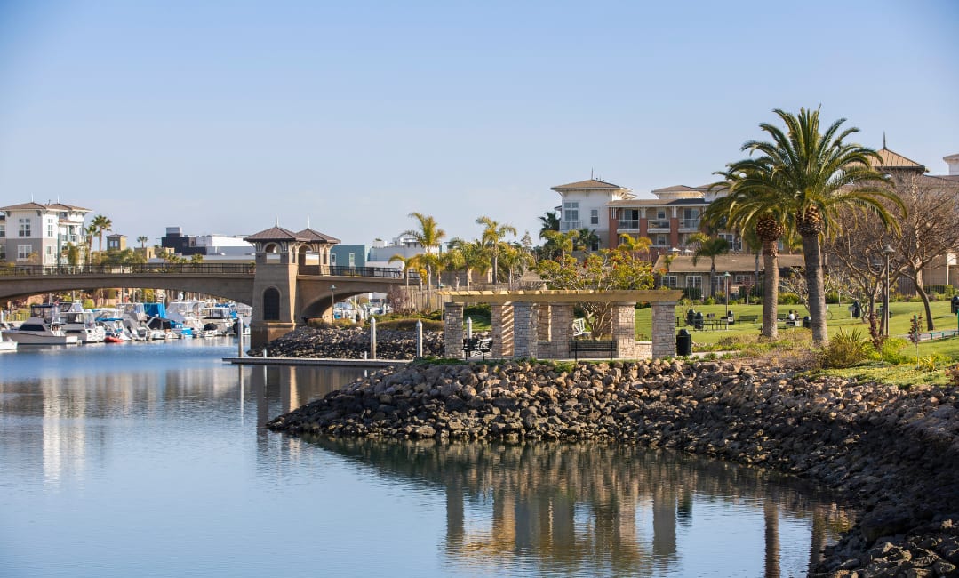Channel Islands Harbor marina in Oxnard with boats, waterfront homes, and palm trees - professional house cleaning services available for coastal properties, beach homes, and neighborhoods throughout Oxnard CA including Oxnard Shores, La Colonia, and downtown areas